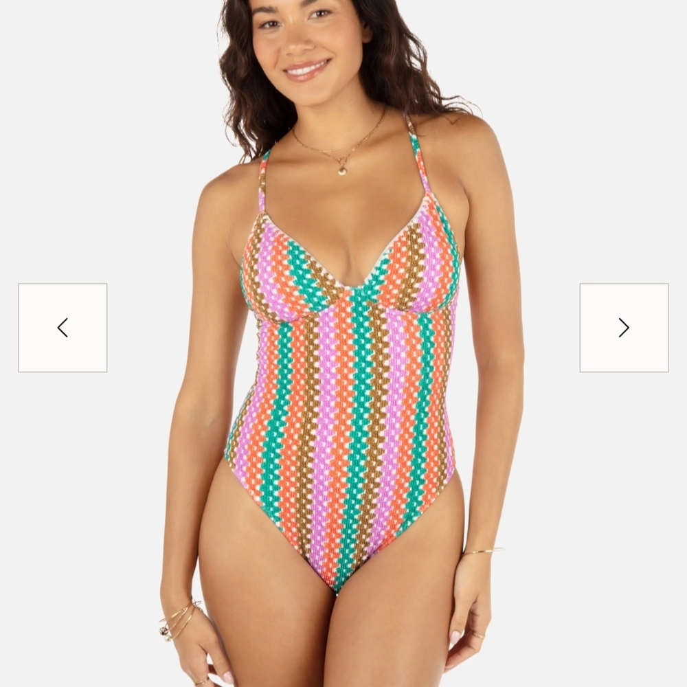 Hurley Printed Striped Crochet  Scrunch Soft Cup. Multicolor Patterned Swimsuit